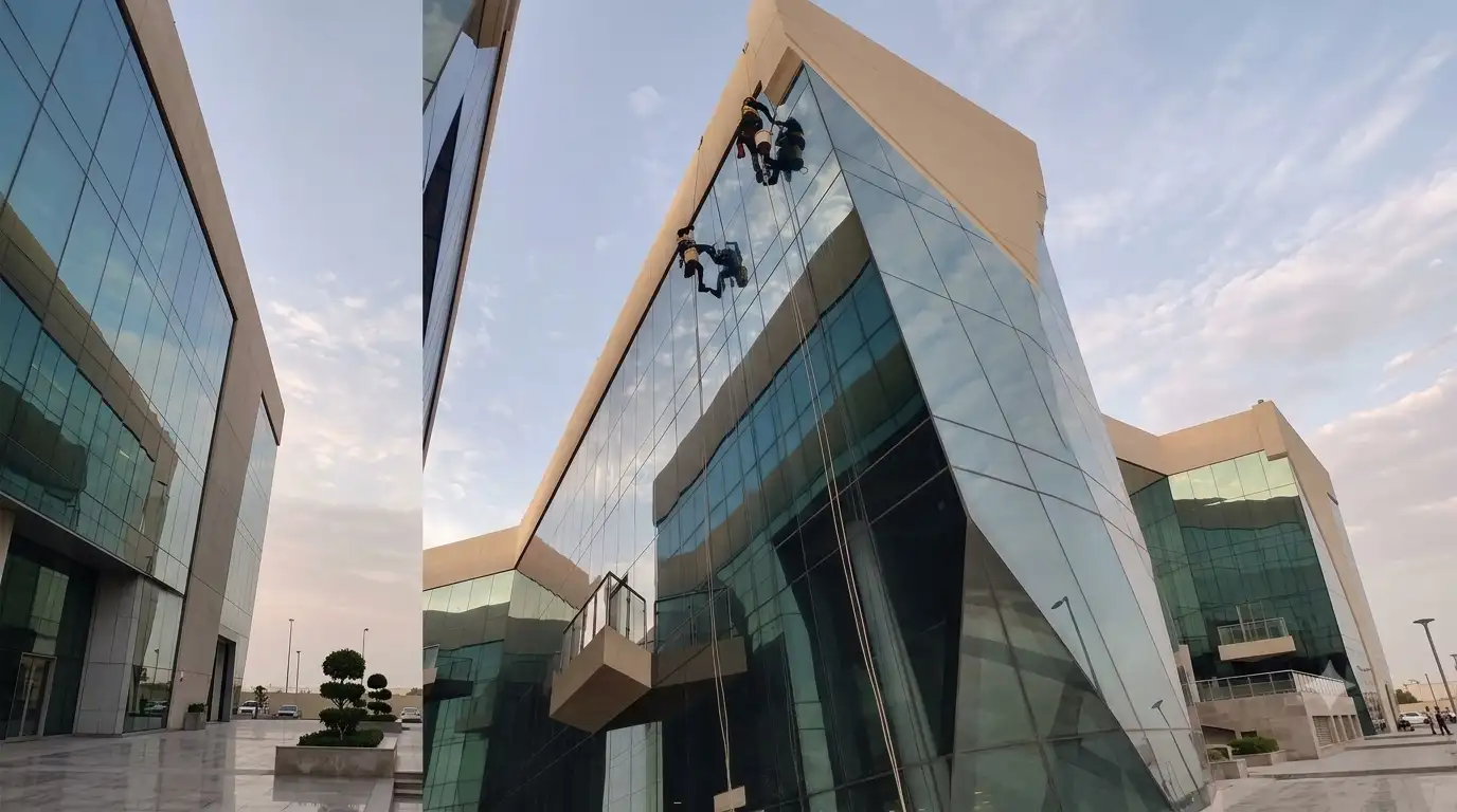 فريق ينظف مدخل مبنى تجاري